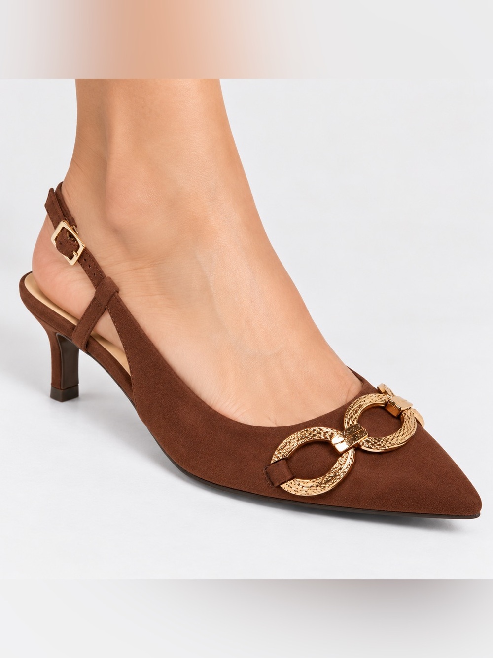TABITHA Brown Suede Slingback mini Heels with Gold Link Accent